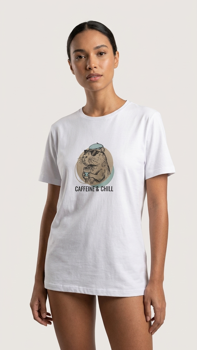 Camiseta Capivara Caffeine e Chill Branca